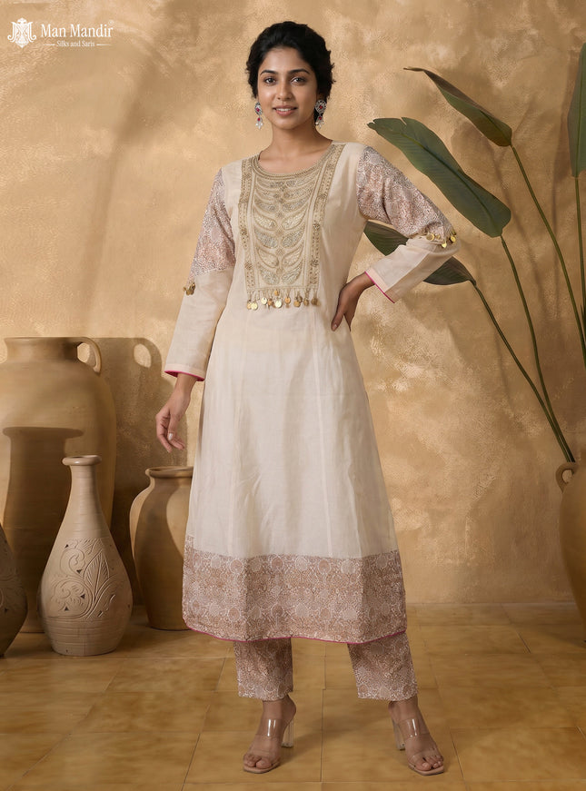 Cream Tissue Embroidered Anarkali Suit With Pant & Dupatta