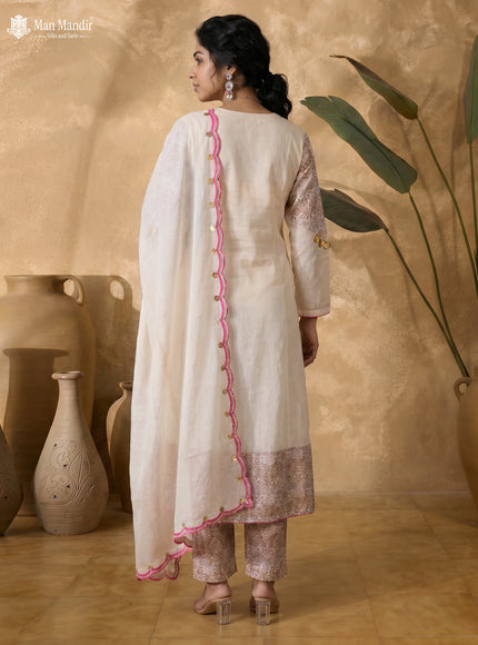 Cream Tissue Embroidered Anarkali Suit With Pant & Dupatta