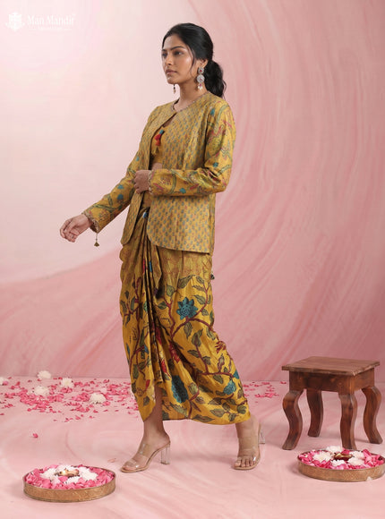 Mustard Yellow Muslin Printed Croptop With Sharara Pant