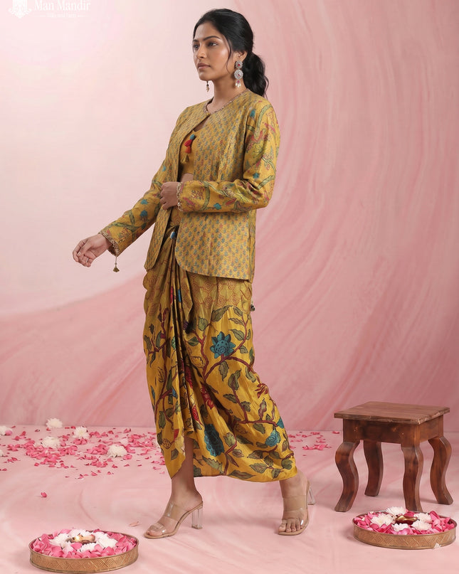 Mustard Yellow Muslin Printed Croptop With Sharara Pant