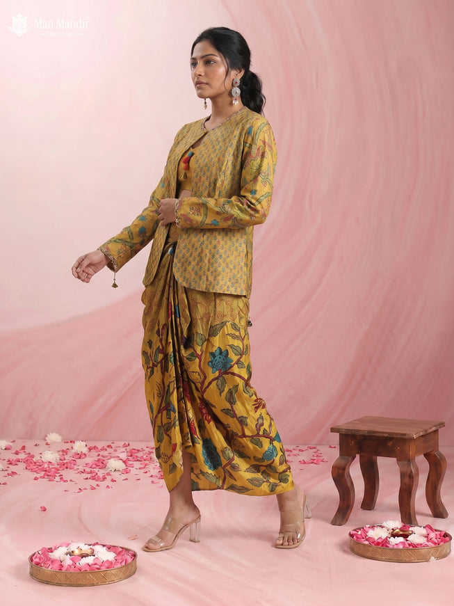 Mustard Yellow Muslin Printed Croptop With Sharara Pant