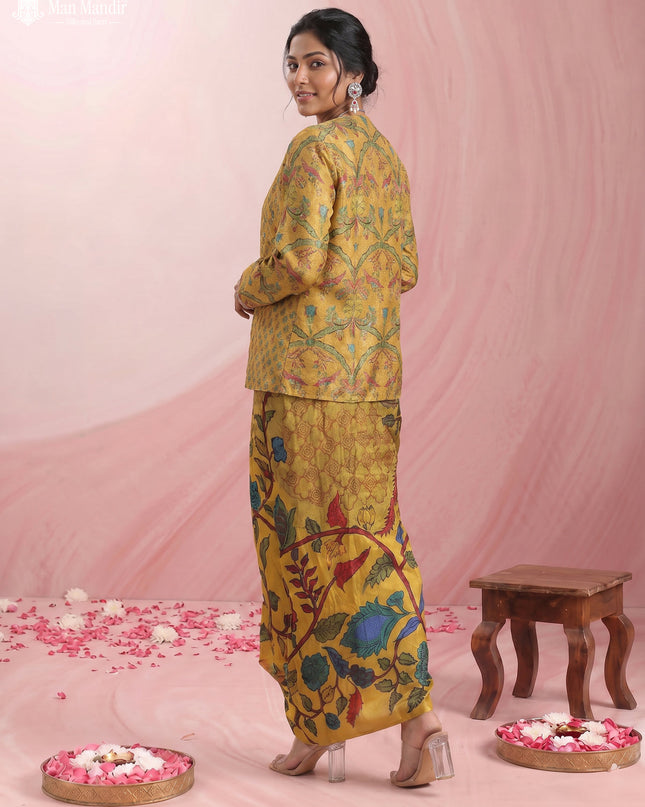 Mustard Yellow Muslin Printed Croptop With Sharara Pant