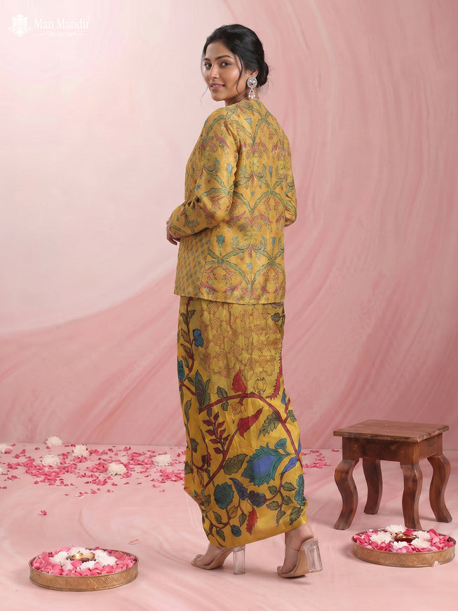 Mustard Yellow Muslin Printed Croptop With Sharara Pant