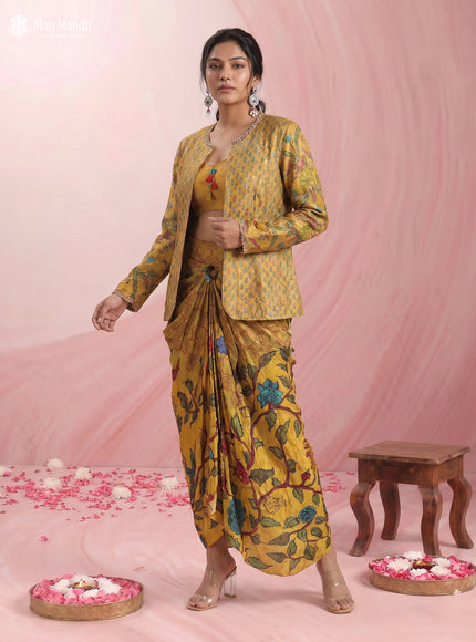Mustard Yellow Muslin Printed Croptop With Sharara Pant