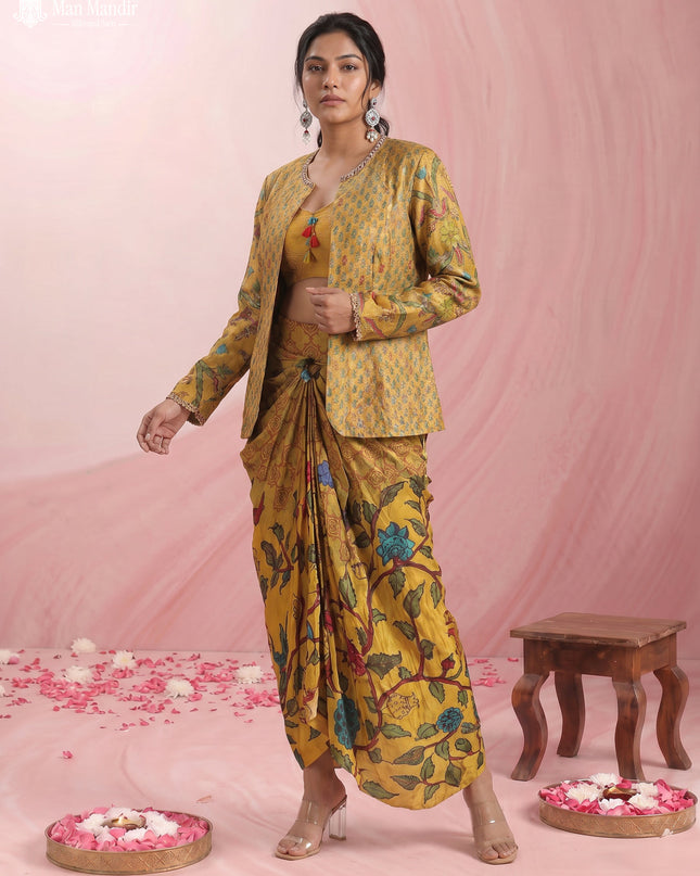 Mustard Yellow Muslin Printed Croptop With Sharara Pant