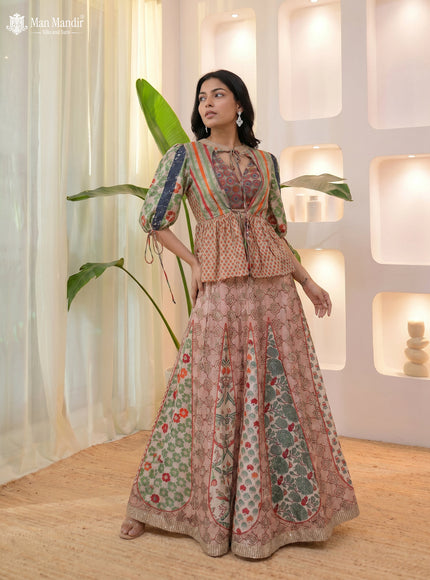 Multi Colour Muslin Ajrakh Prints Croptop With Sharara Suit