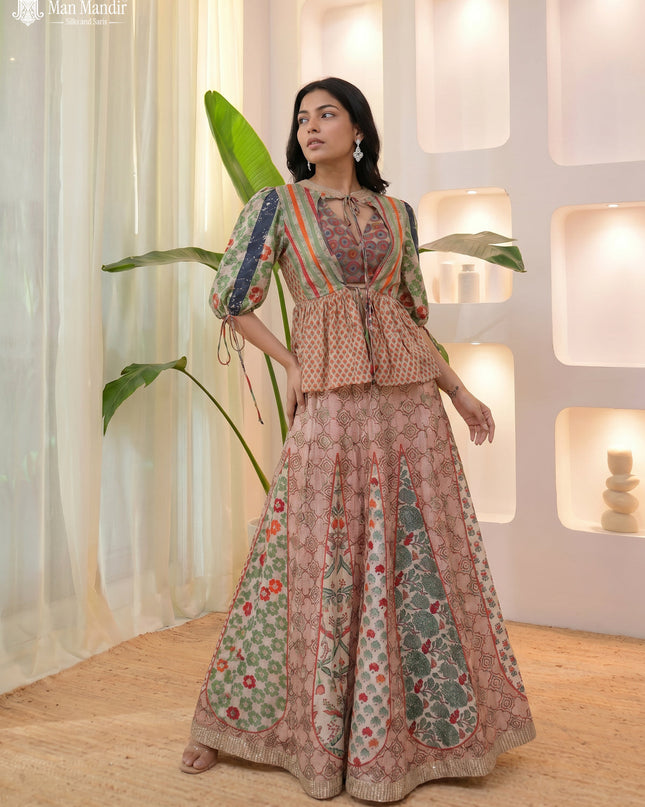 Multi Colour Muslin Ajrakh Prints Croptop With Sharara Suit