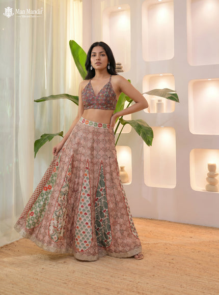 Multi Colour Muslin Ajrakh Prints Croptop With Sharara Suit