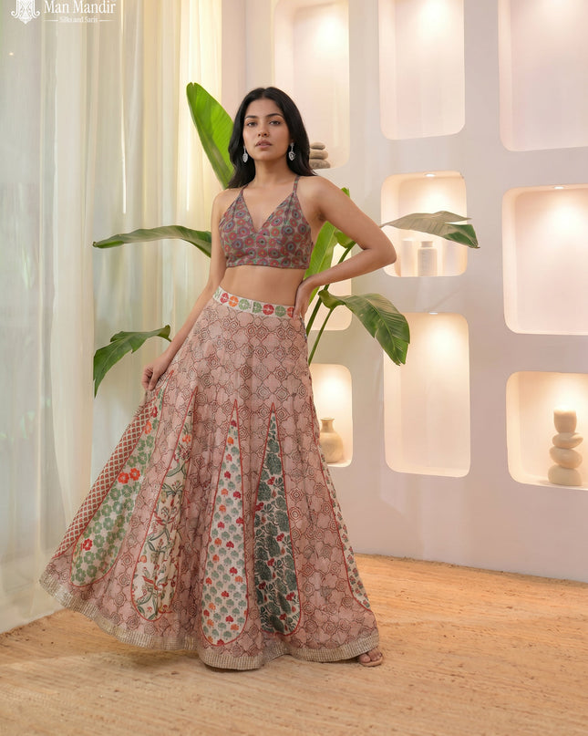 Multi Colour Muslin Ajrakh Prints Croptop With Sharara Suit