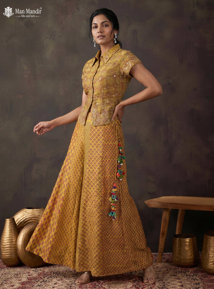 Mustard Muslin Printed Croptop With Sharara Pant
