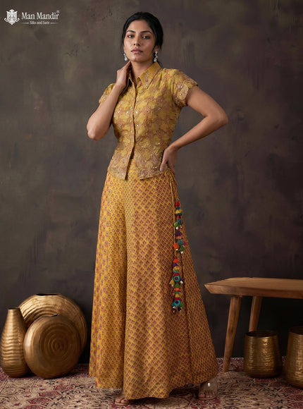 Mustard Muslin Printed Croptop With Sharara Pant