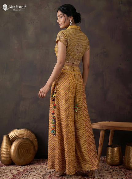 Mustard Muslin Printed Croptop With Sharara Pant