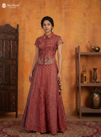 Maroon Muslin Printed Croptop With Sharara Pant