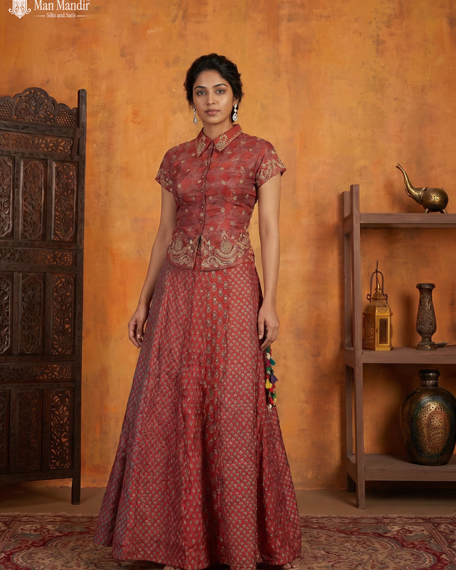 Maroon Muslin Printed Croptop With Sharara Pant