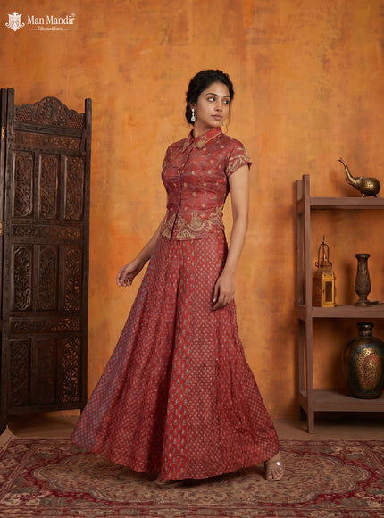 Maroon Muslin Printed Croptop With Sharara Pant