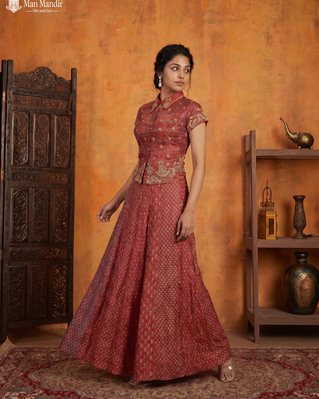Maroon Muslin Printed Croptop With Sharara Pant