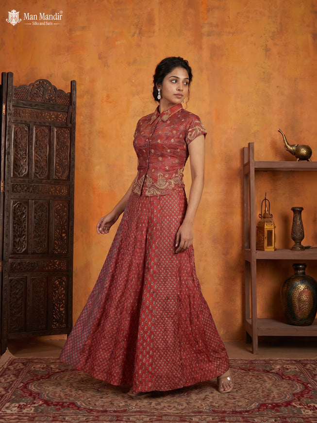 Maroon Muslin Printed Croptop With Sharara Pant