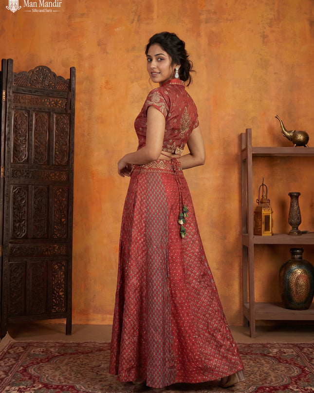 Maroon Muslin Printed Croptop With Sharara Pant