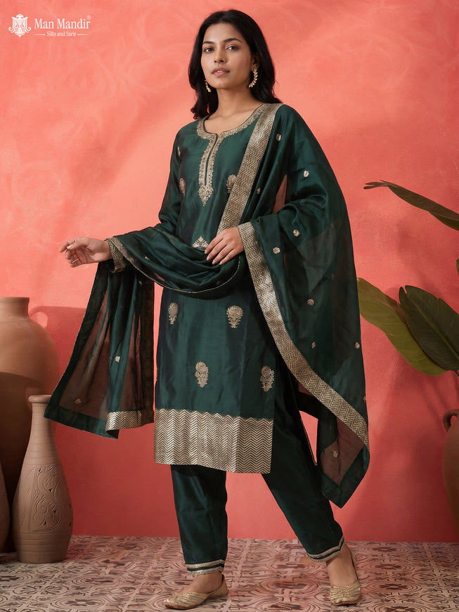 Green Silk Sharara Suit Floral Motif