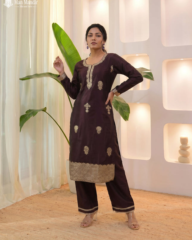 Wine Silk Sharara Suit Floral Motif