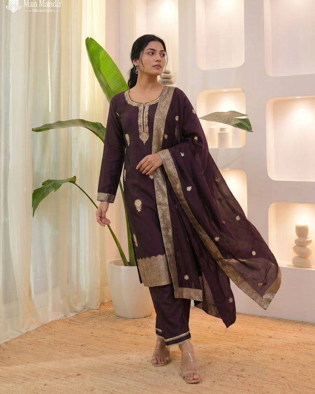 Wine Silk Sharara Suit Floral Motif