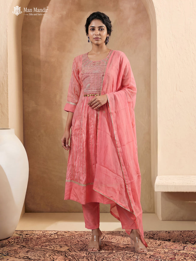 Peach Silk Sharara Suit Zardosi Work With Organza Dupatta