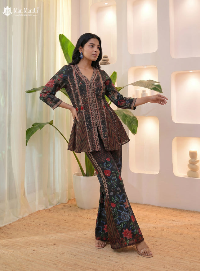 Elephant Grey Silk Georgette Printed Sharara Suit