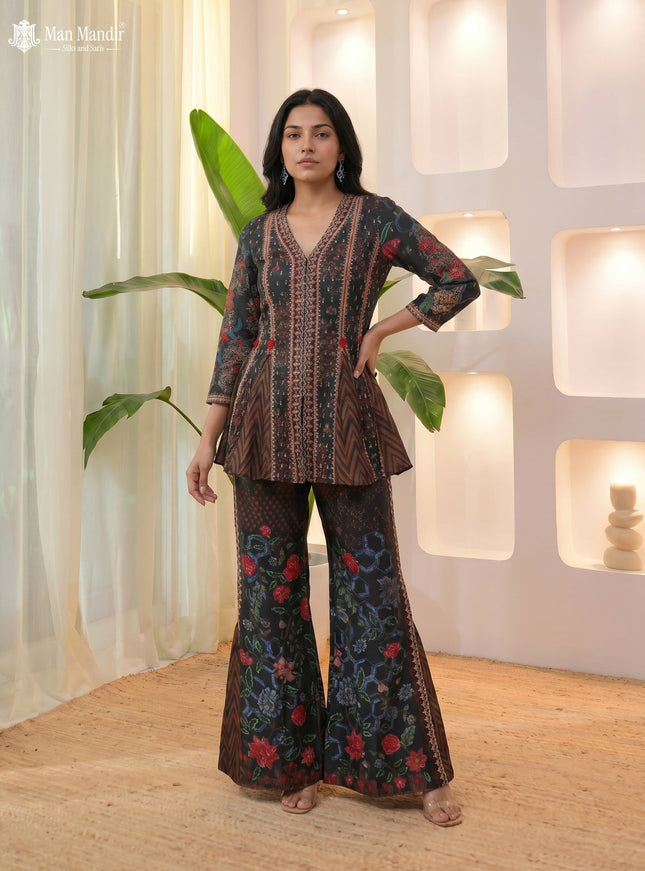 Elephant Grey Silk Georgette Printed Sharara Suit