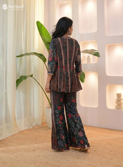 Elephant Grey Silk Georgette Printed Sharara Suit