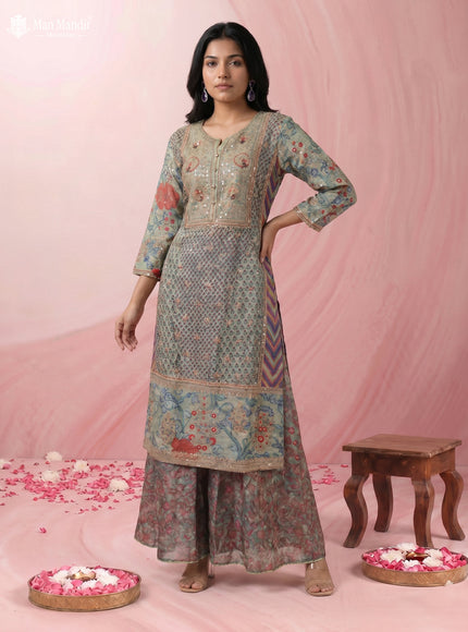 Pista Green Gajji Silk Sharara Suit With Pant