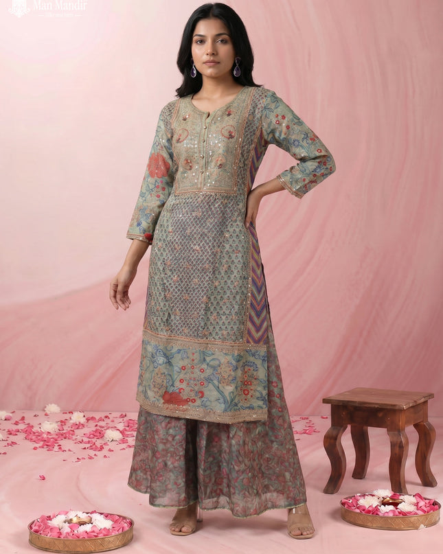 Pista Green Gajji Silk Sharara Suit With Pant