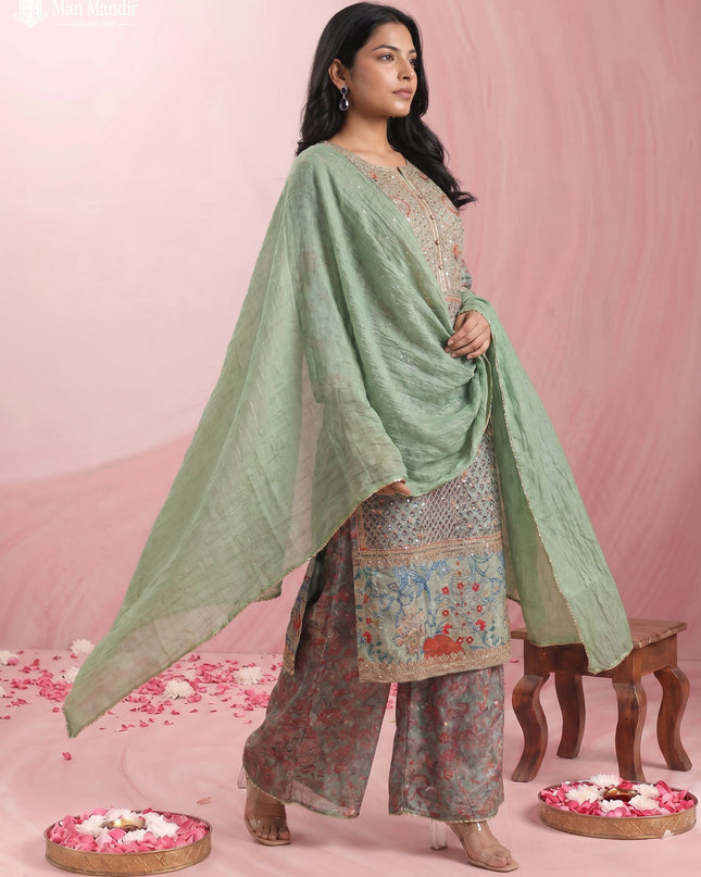 Pista Green Gajji Silk Sharara Suit With Pant