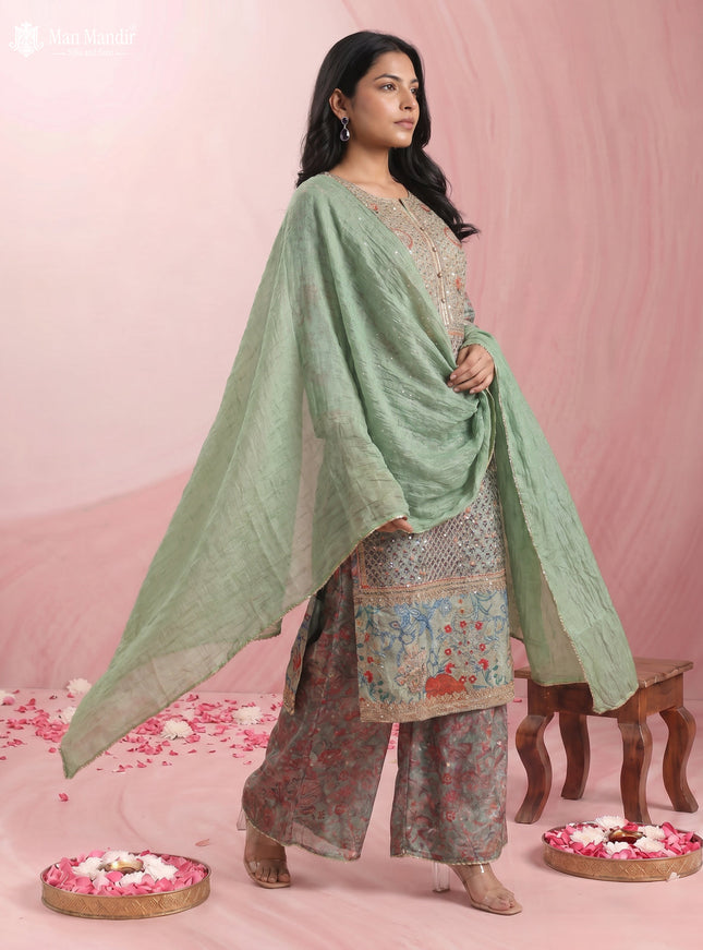 Pista Green Gajji Silk Sharara Suit With Pant
