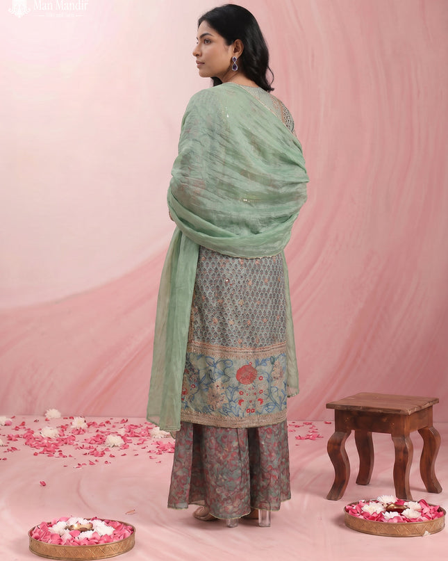 Pista Green Gajji Silk Sharara Suit With Pant