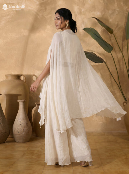 Off White Georgette Embroidered Cape With Crop Top And Fleard Palazzo Pant