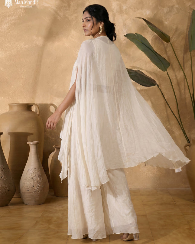 Off White Georgette Embroidered Cape With Crop Top And Fleard Palazzo Pant