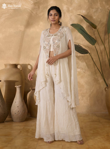 Off White Georgette Embroidered Cape With Crop Top And Fleard Palazzo Pant