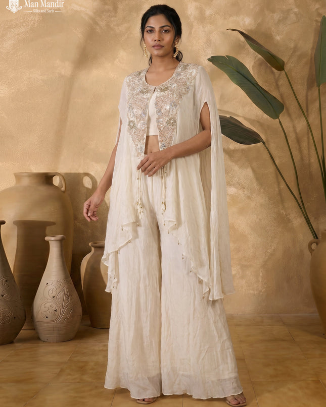 Off White Georgette Embroidered Cape With Crop Top And Fleard Palazzo Pant