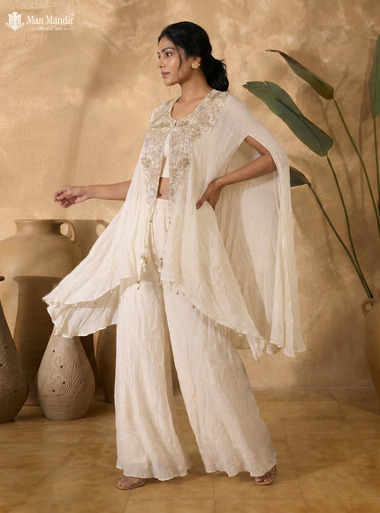 Off White Georgette Embroidered Cape With Crop Top And Fleard Palazzo Pant
