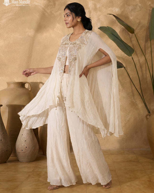 Off White Georgette Embroidered Cape With Crop Top And Fleard Palazzo Pant
