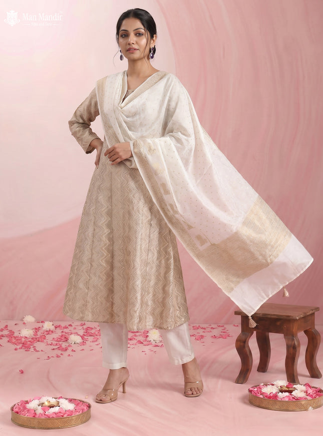 Beige Silk Zari Brocade Anarkali Suit With Stright Cut Pant & Dupatta