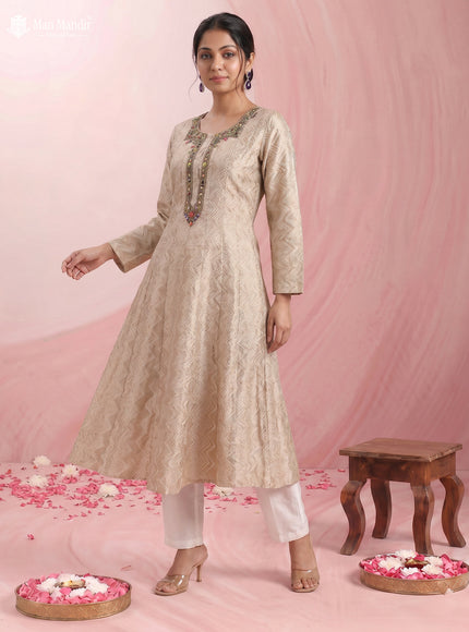 Beige Silk Zari Brocade Anarkali Suit With Stright Cut Pant & Dupatta