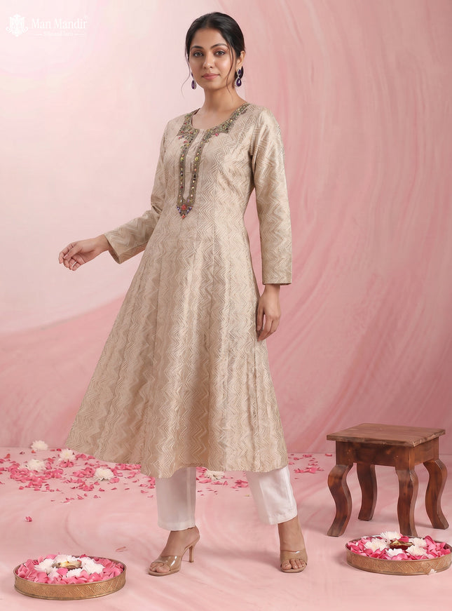 Beige Silk Zari Brocade Anarkali Suit With Stright Cut Pant & Dupatta