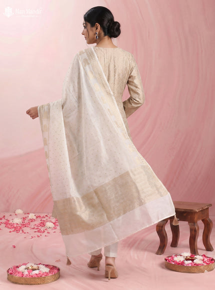 Beige Silk Zari Brocade Anarkali Suit With Stright Cut Pant & Dupatta