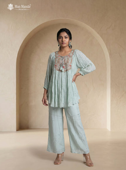 Pastel Blue Geoegette Sharara Suit With Cape
