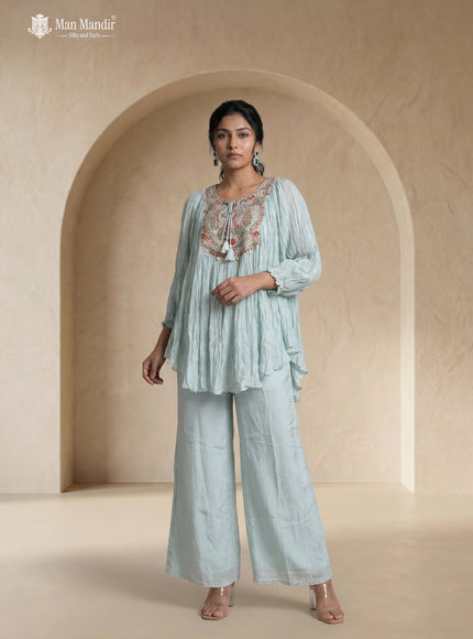 Pastel Blue Geoegette Sharara Suit With Cape