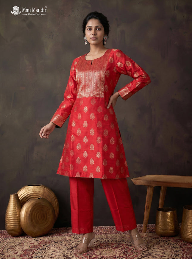 Red Raw Silk Floral Motif Salwar Suit With Pant