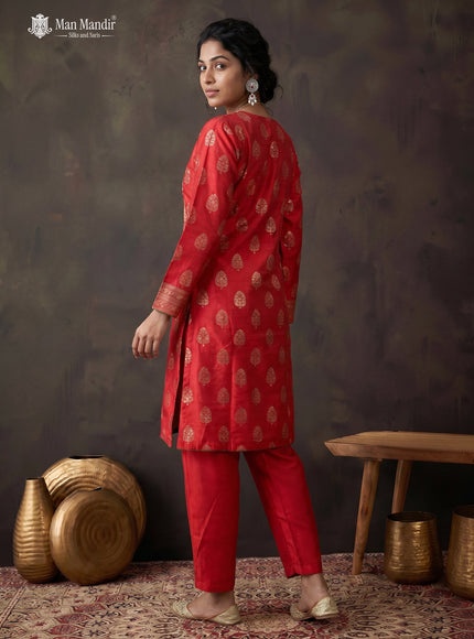 Red Raw Silk Floral Motif Salwar Suit With Pant