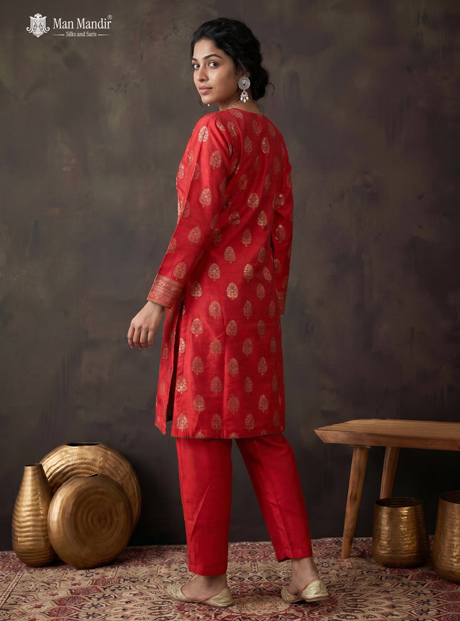 Red Raw Silk Floral Motif Salwar Suit With Pant