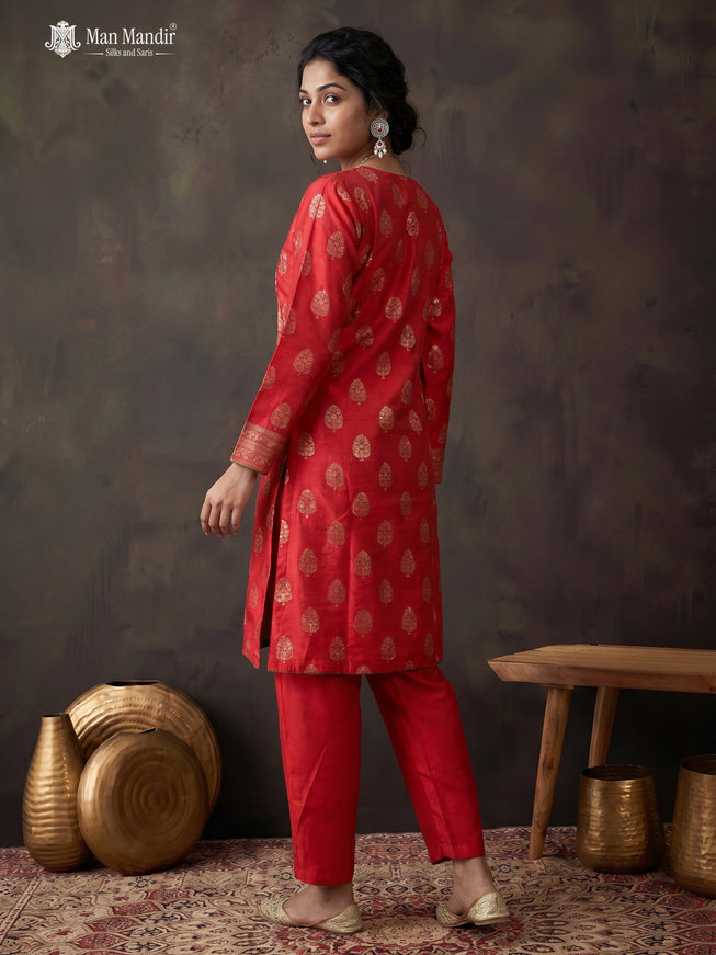 Red Raw Silk Floral Motif Salwar Suit With Pant